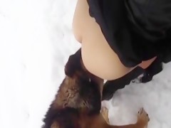 A brunette asian girl likes playing with dog stiff cock