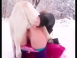 Snowy woods sex with a dog who gets to fuck hard